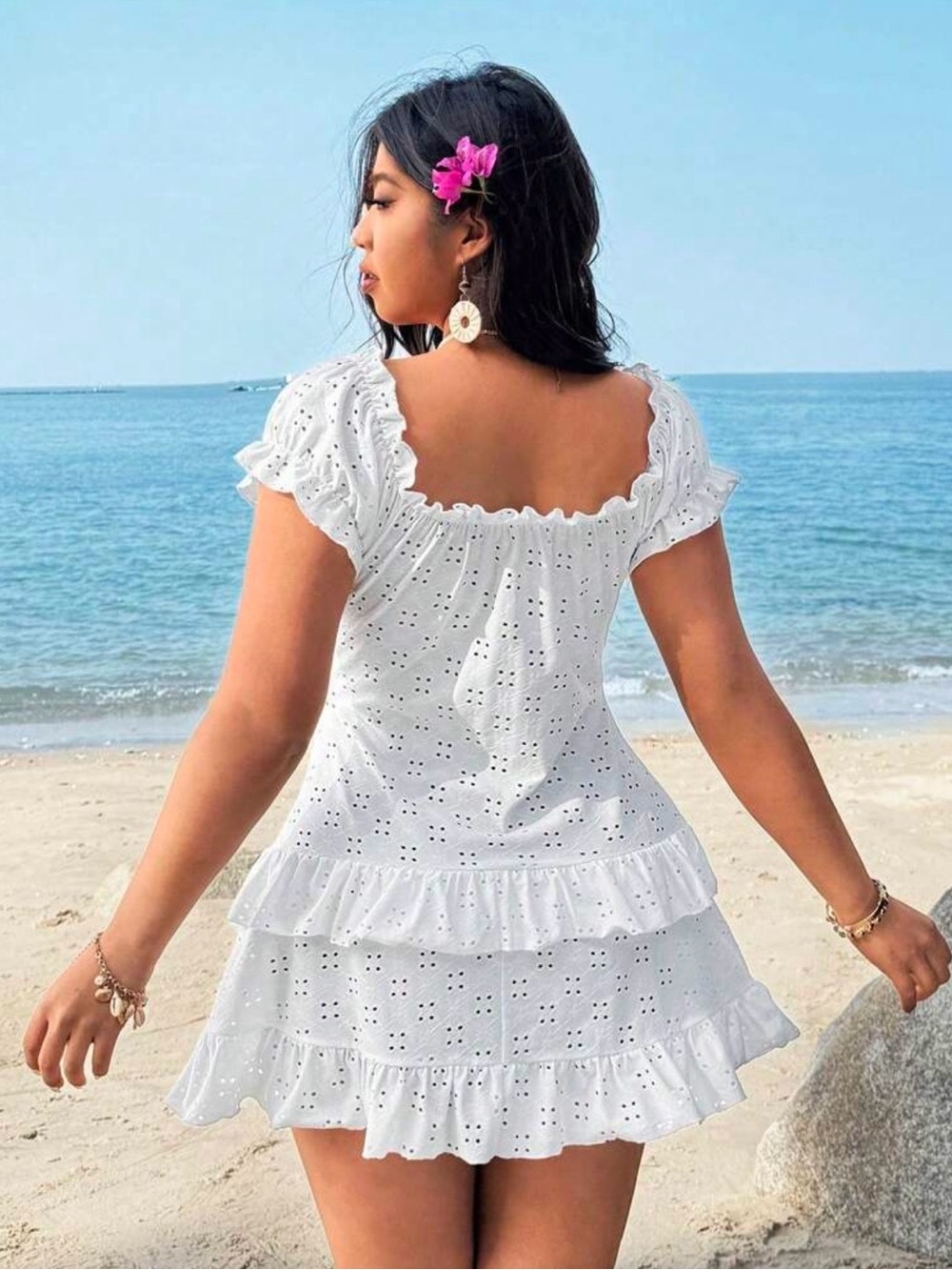 SHEIN Curve White Eyelet Off Shoulder Ruffle Mini Dress 4XL US 20 Boho - Picture 2 of 16